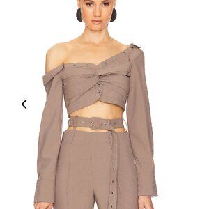 Rokh Asymmetric Twist Crop Blouse in Taupe